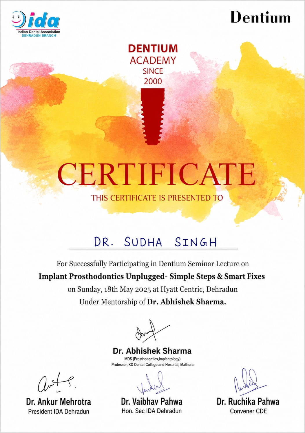 Dentium Academy Certificate - Implant Prosthodontics